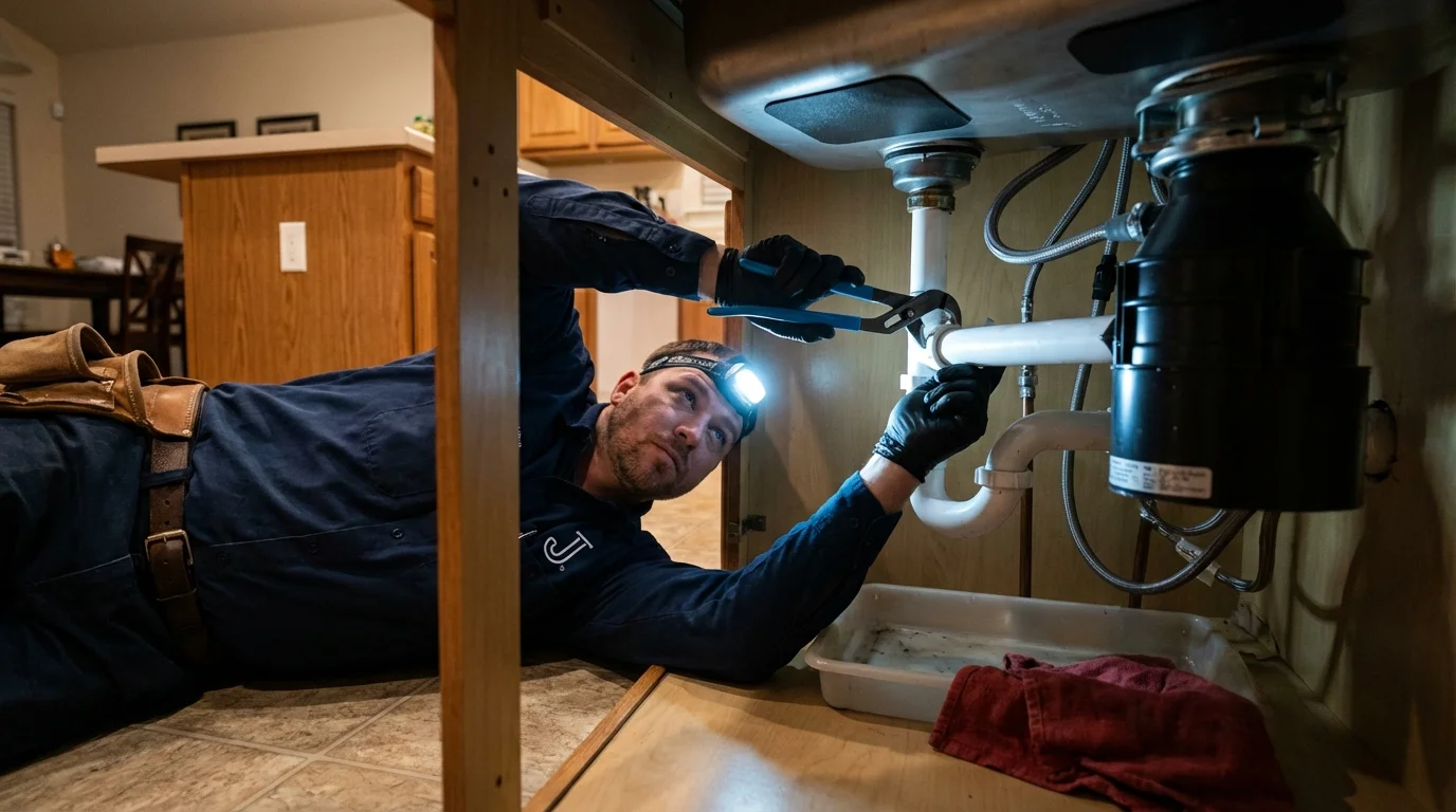 P-trap and supply line connections under a kitchen sink showing a common leak point in Silver Spring, MD